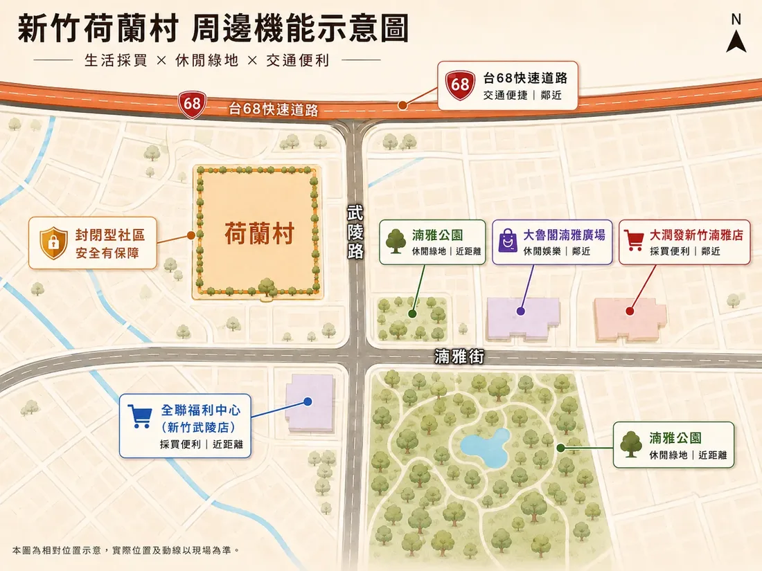 新竹荷蘭村周邊機能示意圖：鄰近台68快速道路、大魯閣浦雅廣場、大潤發新竹湳雅店、全聯福利中心武陵店與浦雅大公園。